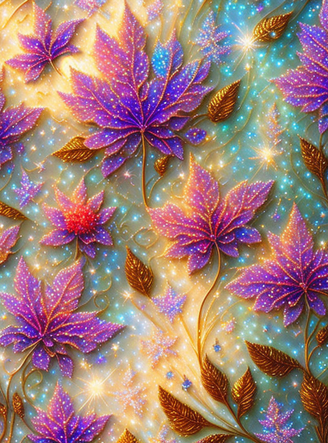 Digital artwork: Purple and gold leaves with sparkling effects on textured blue background