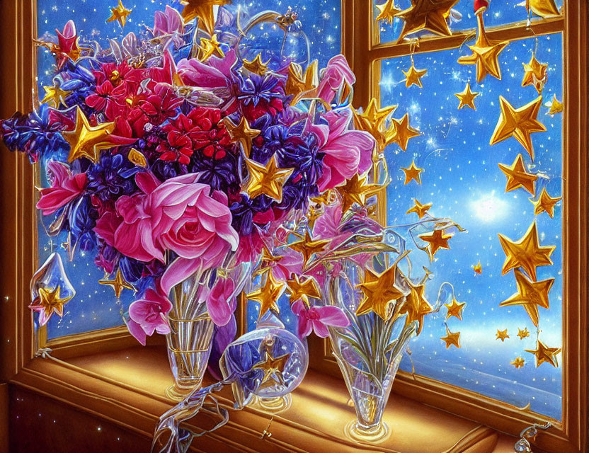 Colorful bouquet of flowers by window with celestial view