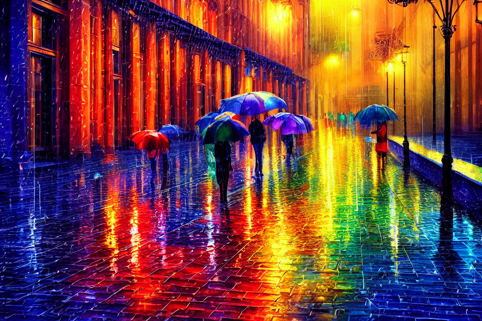 Colorful rainy street scene with people, umbrellas, and vintage lamps