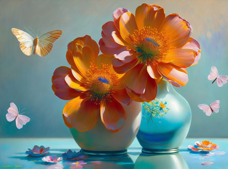 Colorful painting of orange flowers in blue vase with butterflies and petals on reflective surface