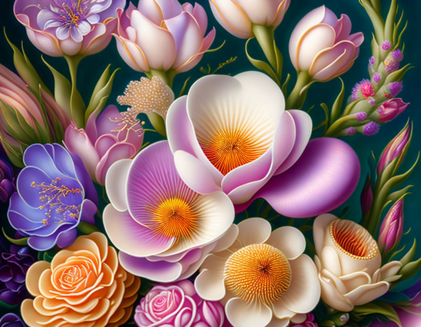 Colorful Digital Painting of Blooming Flowers on Dark Background