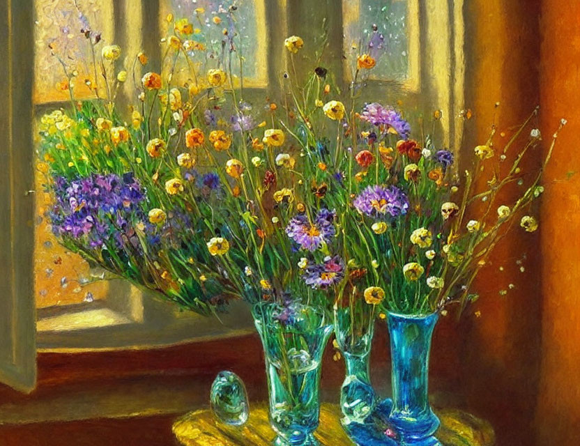 Colorful oil painting of wildflowers in blue vases under sunlight by a window