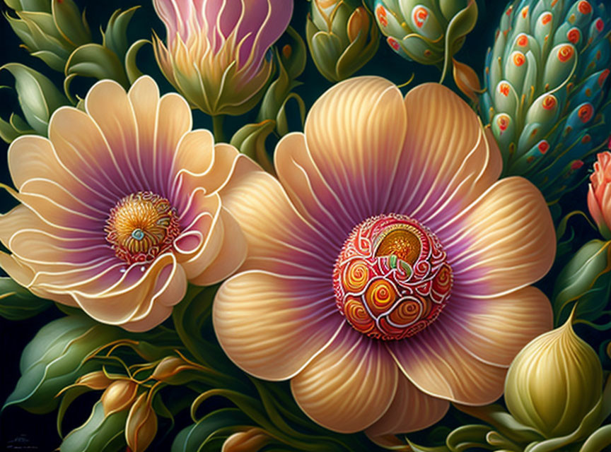 Detailed floral painting with two large flowers and lush greenery