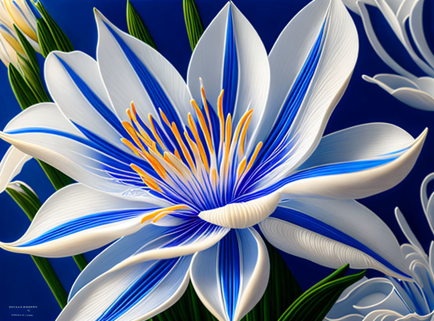 White and Blue Flower Artwork with Orange Stamens on Blue Background