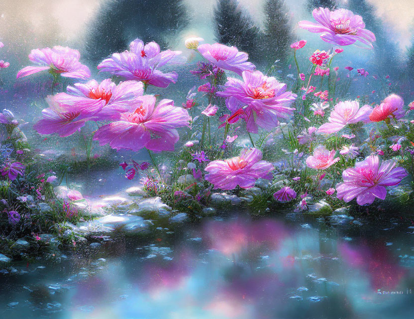 Pink Cosmos Flowers Blooming in Misty Meadow with Water Reflection