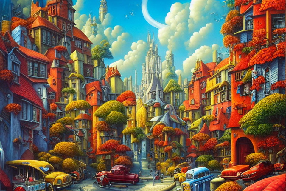 Colorful fantasy cityscape with whimsical architecture and vintage cars under crescent moon