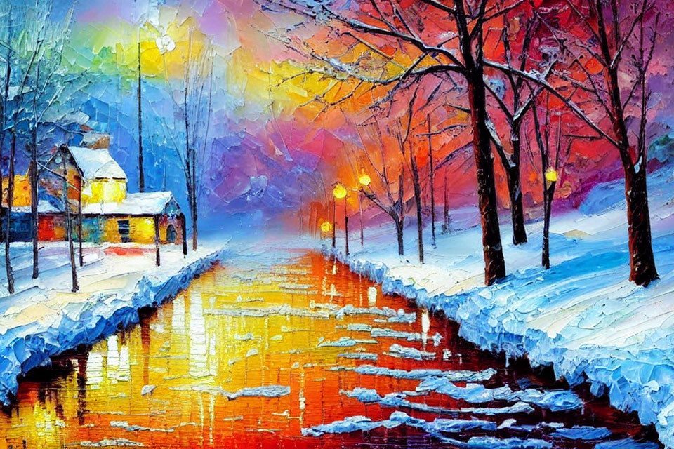 Impressionistic snowy village scene with colorful trees and warm-lit cottage.