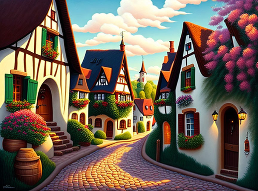 Illustration of colorful village street with half-timbered houses