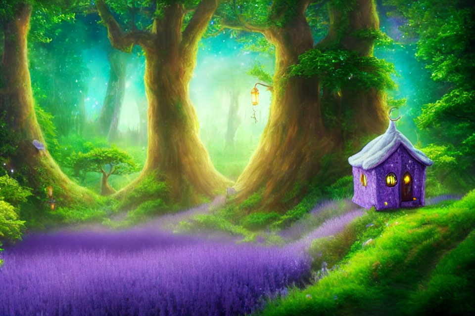 Purple whimsical house in enchanted forest with mist and glowing lantern