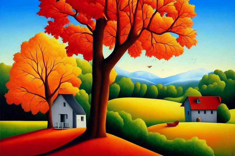 Colorful autumn landscape with orange trees, golden hills, houses, and mountains.