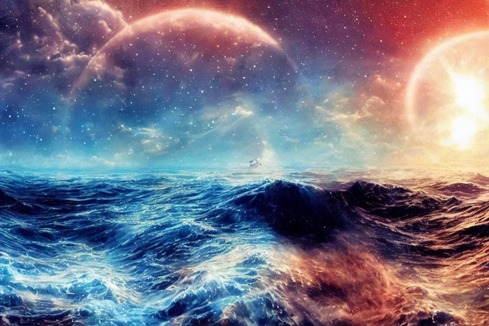 Vibrant cosmic ocean scene with blue waves and celestial bodies