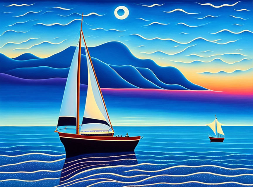 Sailboats painting: Vibrant sea, dusk sky, crescent moon