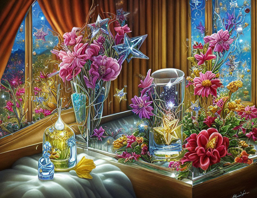 Colorful Windowsill Decor with Flowers, Stars, and Night Sky