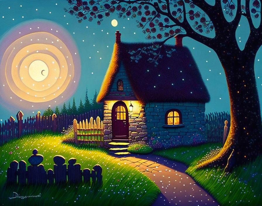 Stone cottage with thatched roof at night, wooden fence, spiral-patterned moon and stars