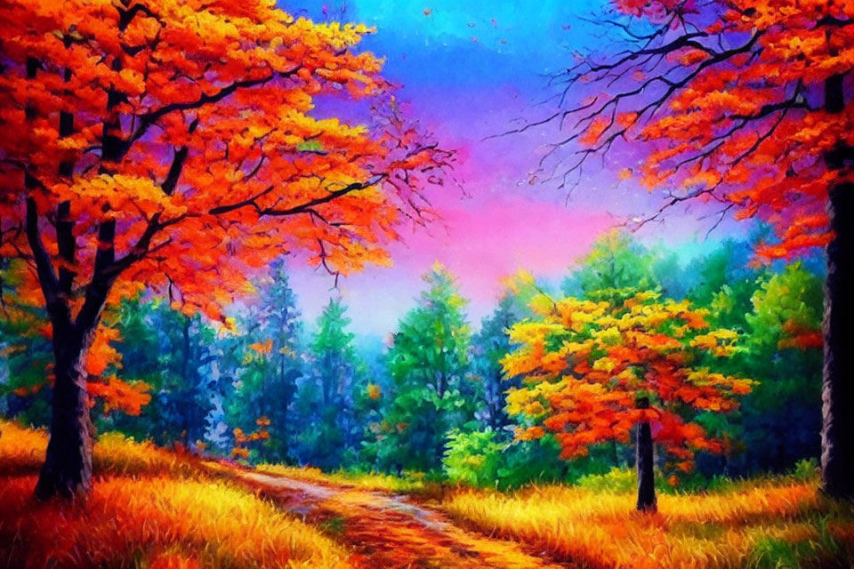 Colorful Autumn Forest Path Painting with Purple and Pink Sky