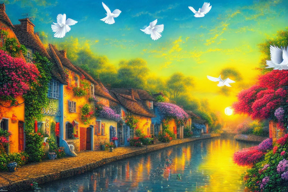 Colorful cottages, blooming flowers, serene river, and birds in sunset village scene