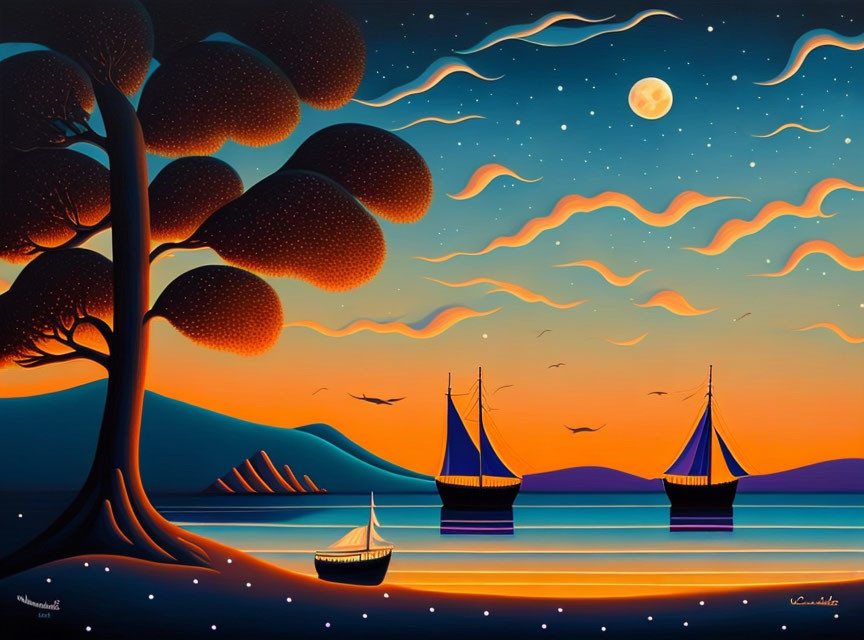 Colorful painting: tree, boats, hills, moonlit sky, clouds, birds