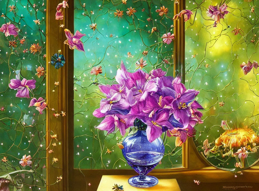 Colorful painting of purple flowers in blue vase on table by starry night window