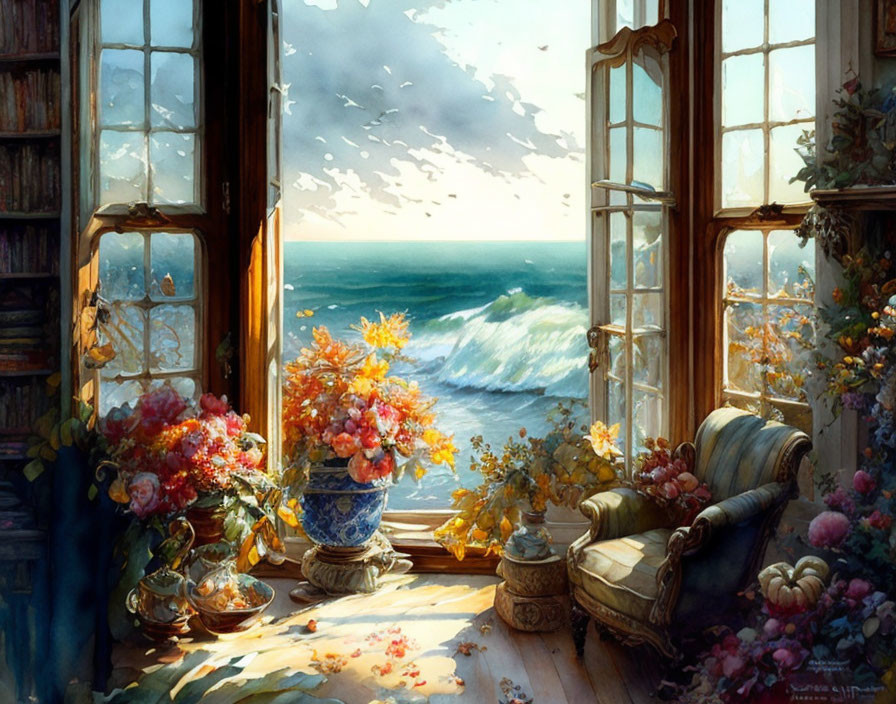 Room with Sea View: Bookshelf, Flowers, Sofa, Sunlit Window