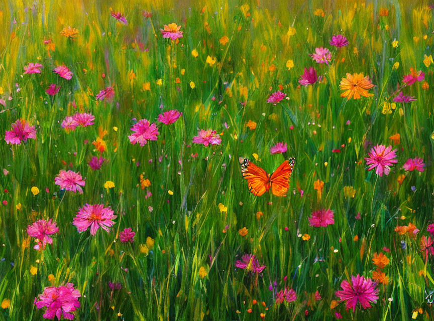 Colorful flower meadow painting with orange butterfly in tall grasses