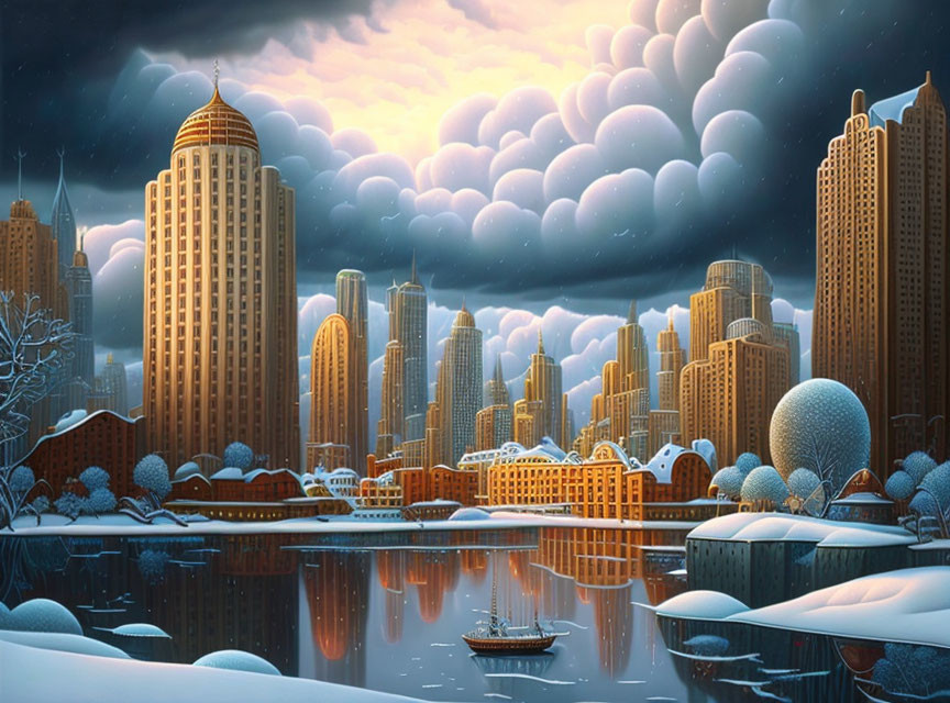 Snow-covered skyscrapers in winter cityscape at dusk with river and boat