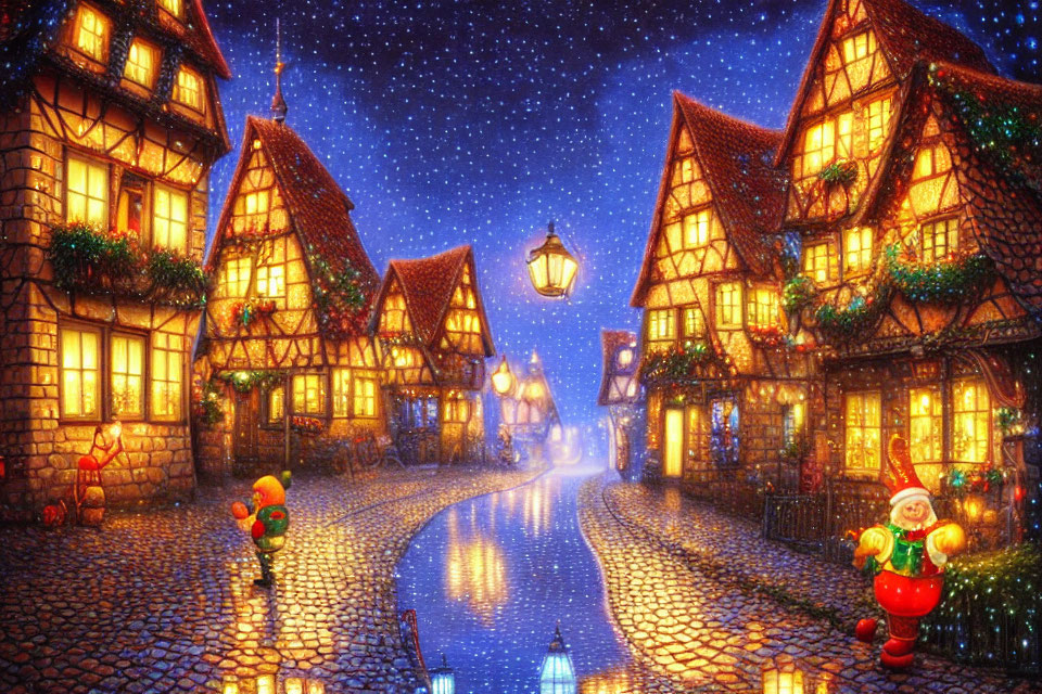 Festive Winter Scene: Cobblestone Street with Snowman and Santa Hat Character