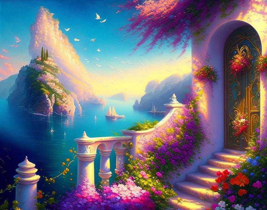 Fantasy landscape with golden door, colorful flowers, staircase, blue sea, sailboats, cliffs,