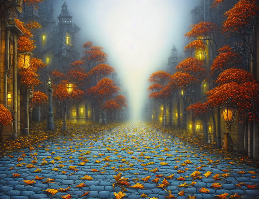 Cobblestone street with orange-leaved trees on misty autumn day