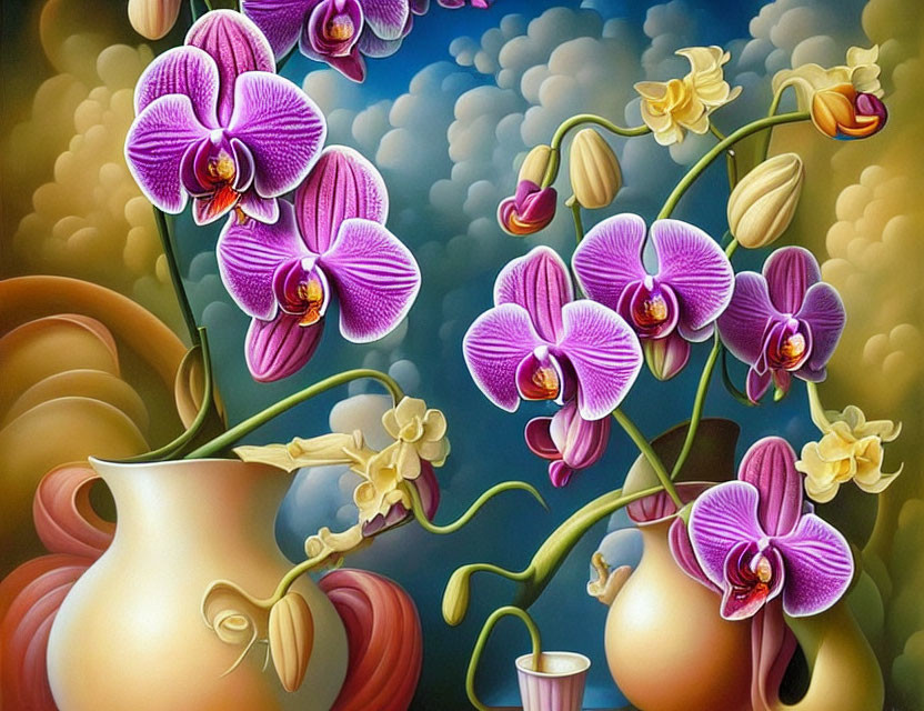 Vibrant digital painting: purple and yellow orchids in classical vases