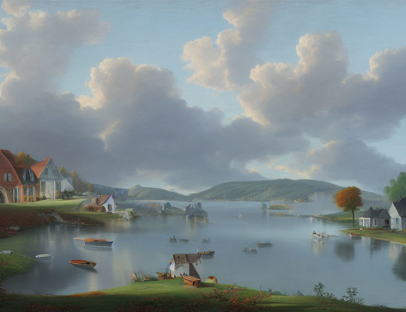 Tranquil river landscape with boats, traditional houses, lush greenery, hills, and fluffy clouds