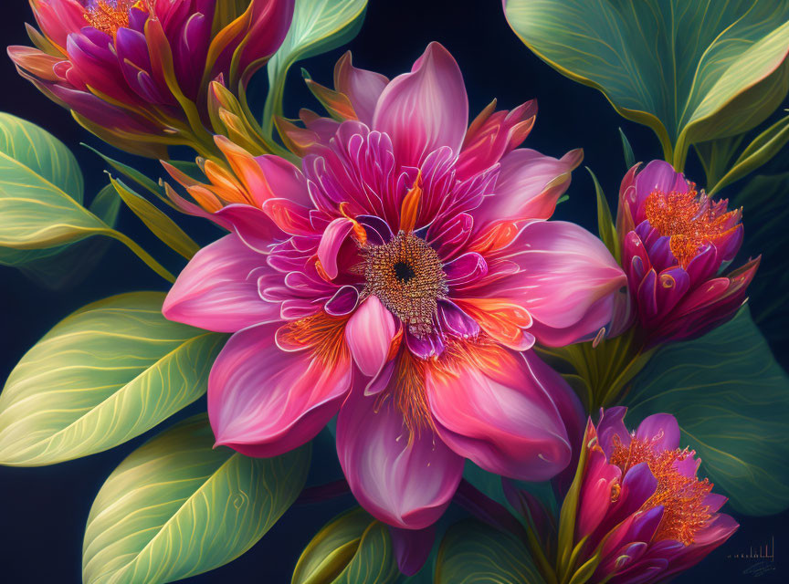 Colorful digital artwork: Pink lotus flowers & green leaves on dark backdrop