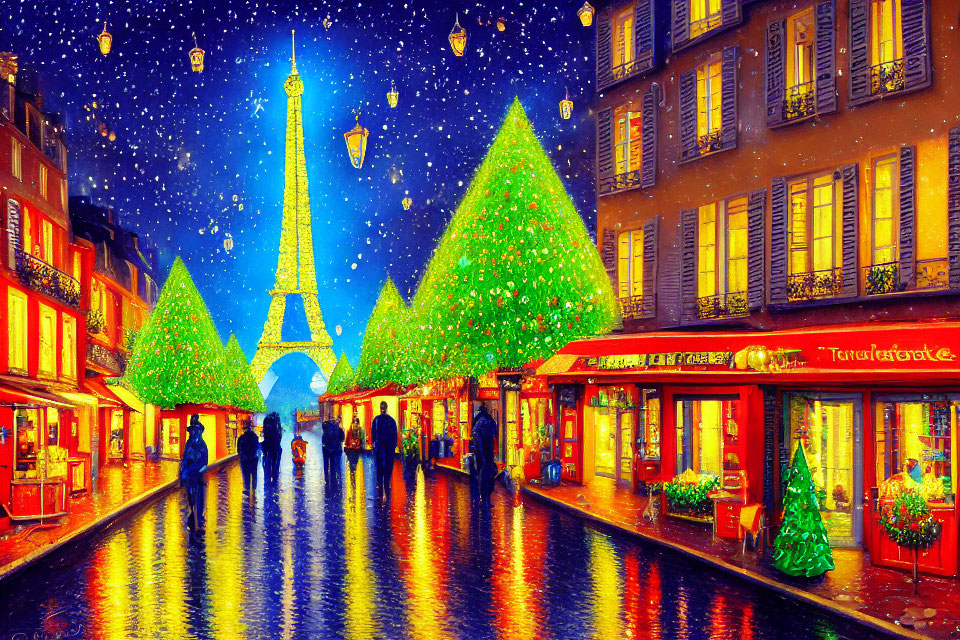 Snowy Christmas Scene: Paris Street with Eiffel Tower & Illuminated Trees