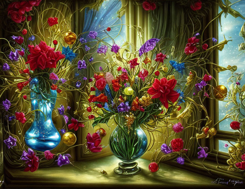 Colorful still-life painting with red blossoms in a vase and lush greenery