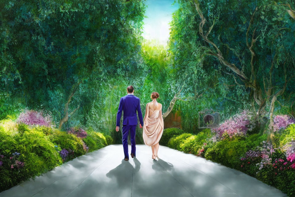 Couple walking hand in hand in lush garden setting