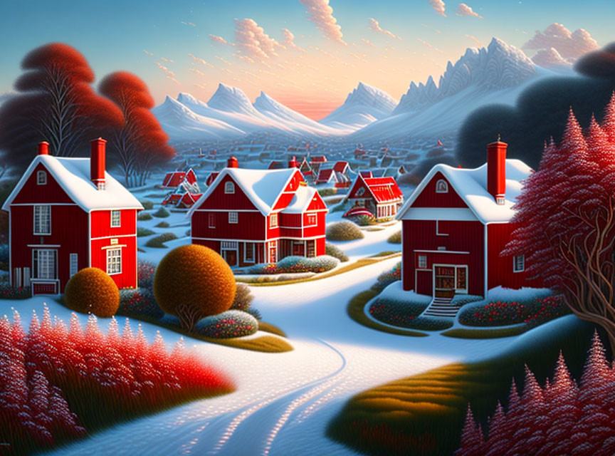 Snow-covered red houses in a winter village scene with winding pathways and twilight sky