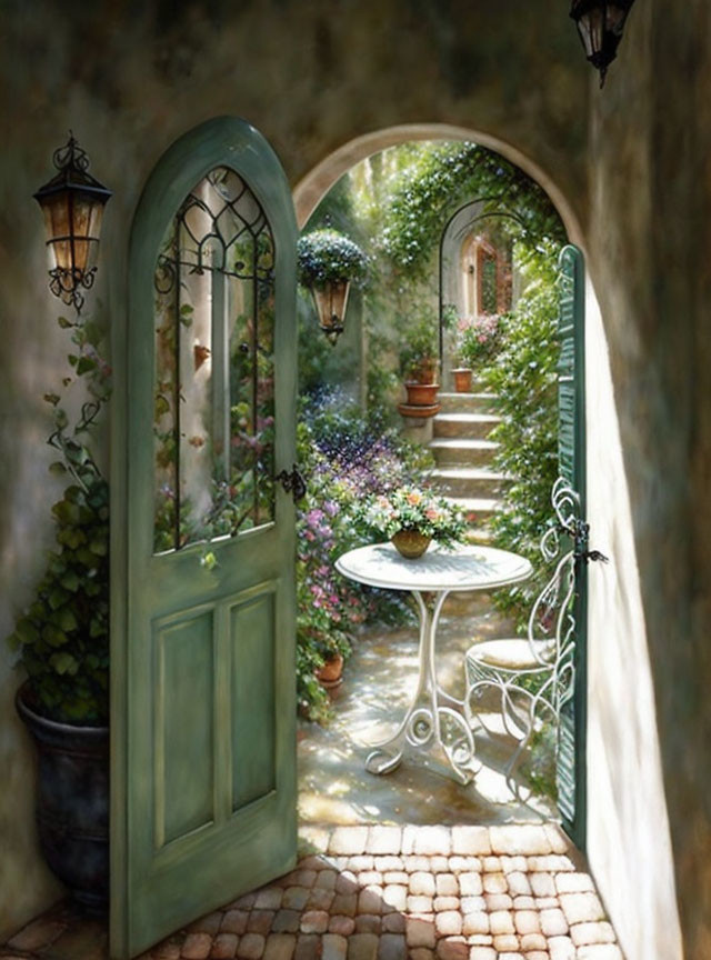 Tranquil garden view through open arched doorway