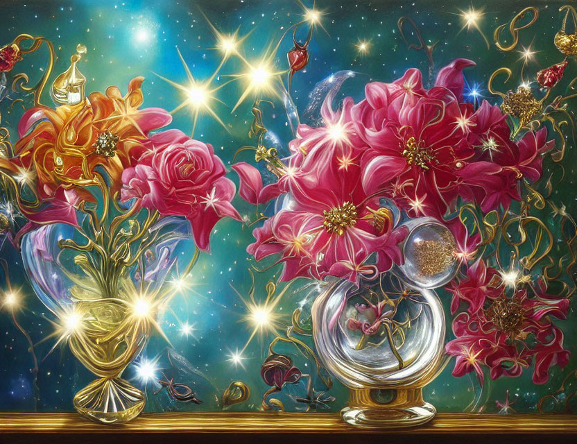 Colorful artwork: Pink flowers in gold and glass vases with stars and magical elements on celestial background