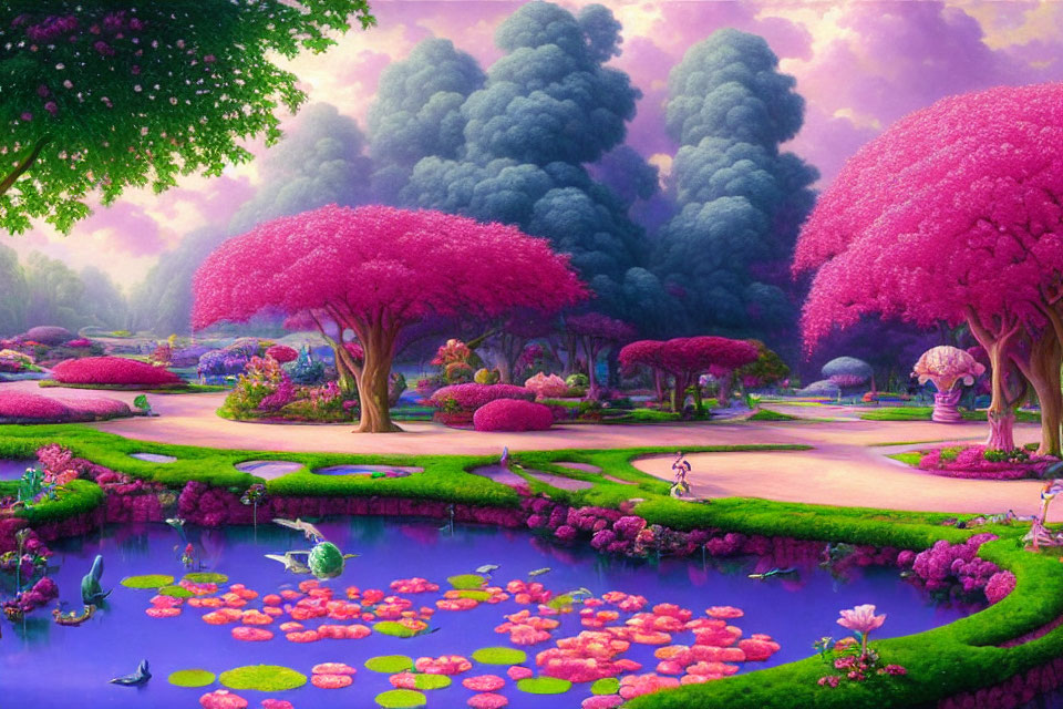 Fantasy landscape with pink flowering trees, winding creek, lily pads, lush greenery, purple