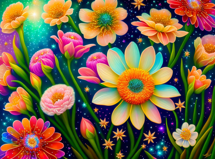 Colorful Flowers with Sparkling Centers in Magical Garden Scene