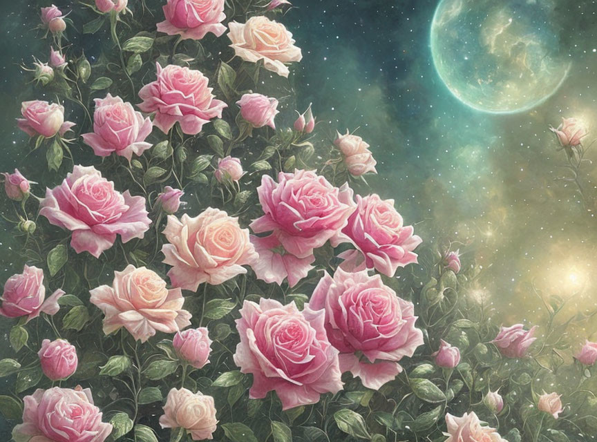 Pink Roses in Surreal Starry Sky with Glowing Moon