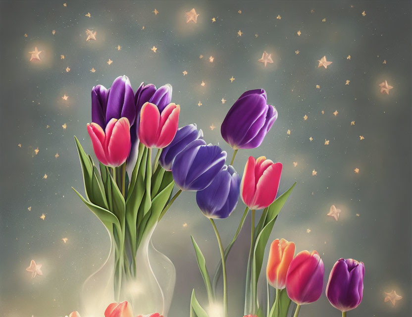 Colorful Tulip Bouquet on Starry Dreamy Background