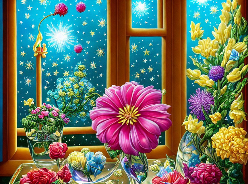 Colorful flowers and plants on windowsill with fireworks in night sky