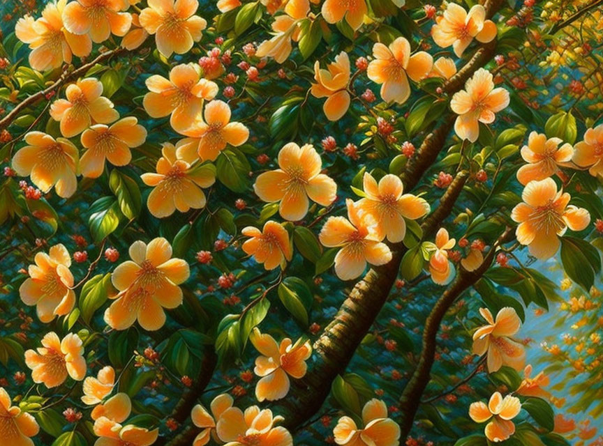 Lush Green Leaves and Vibrant Yellow Flowers on Tree Branches