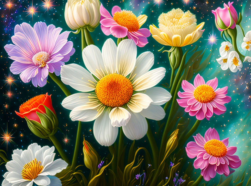 Colorful Cosmic Garden with Daisies and Tulips on Starry Night Sky