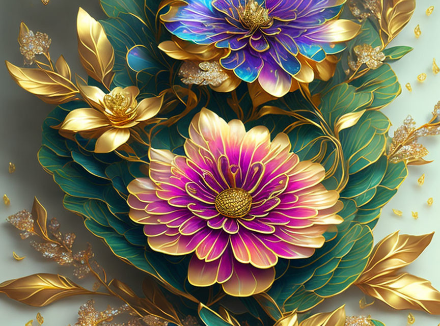 Colorful Stylized Flower Art with Gold Leaves on Dark Background