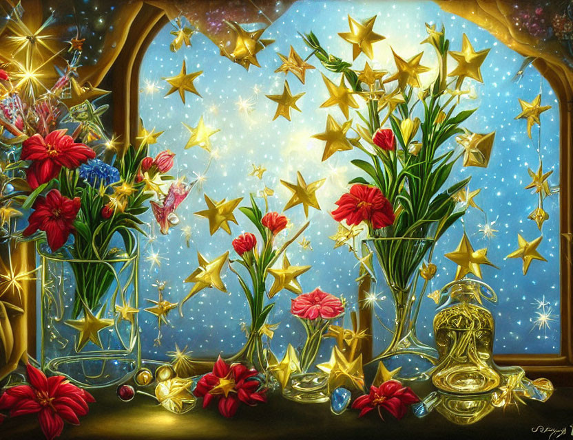 Colorful artwork with red flowers, golden stars, lamp, and starry sky backdrop