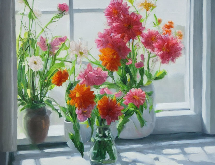 Colorful Pink and Orange Flowers in White Vase on Sunny Windowsill