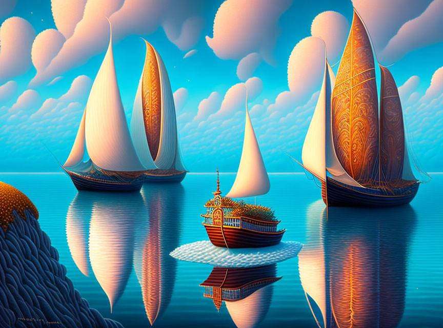 Fantastical seascape with sailboats and ornate ship on calm waters