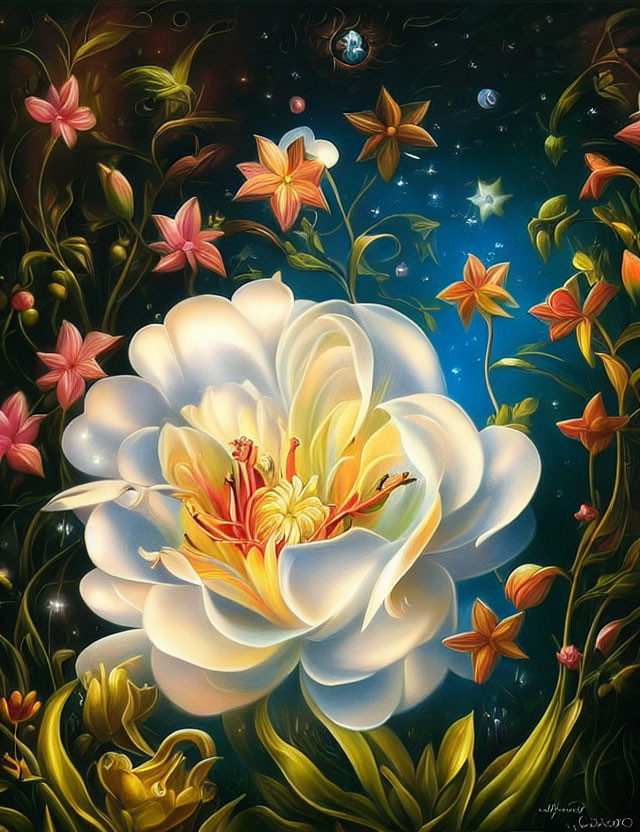 Detailed Illustration of Large White Flower on Dark Starry Sky