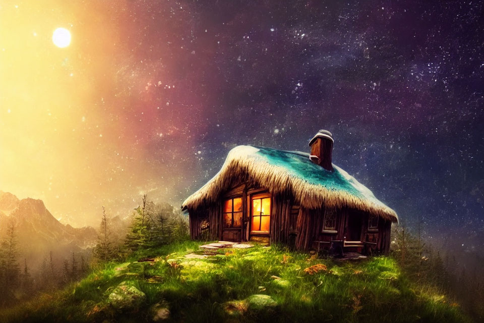 Thatched Cottage in Lush Green Clearing Under Starry Night Sky